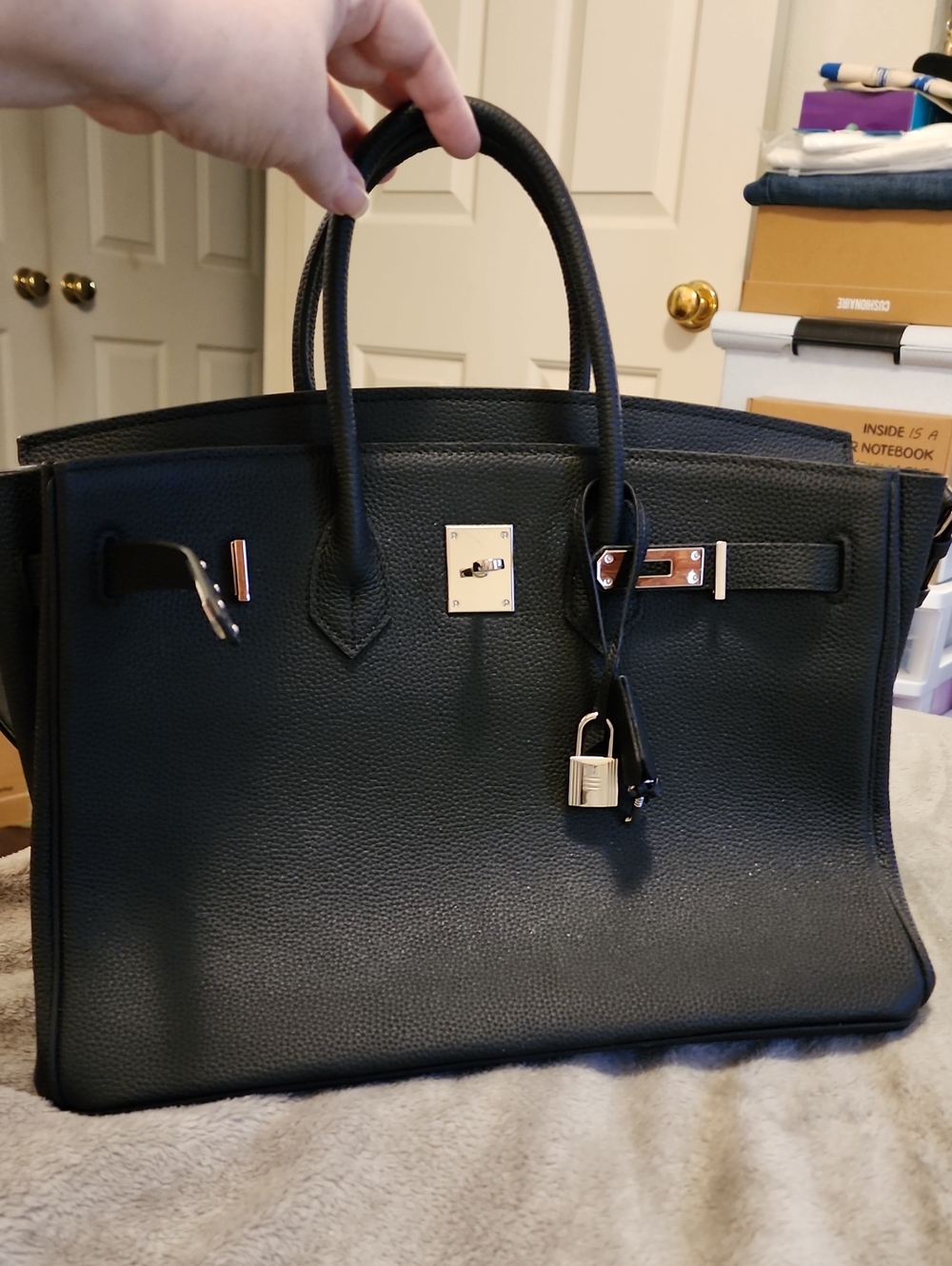 Black Leather Tote with Silver Hardware and Key Accessories